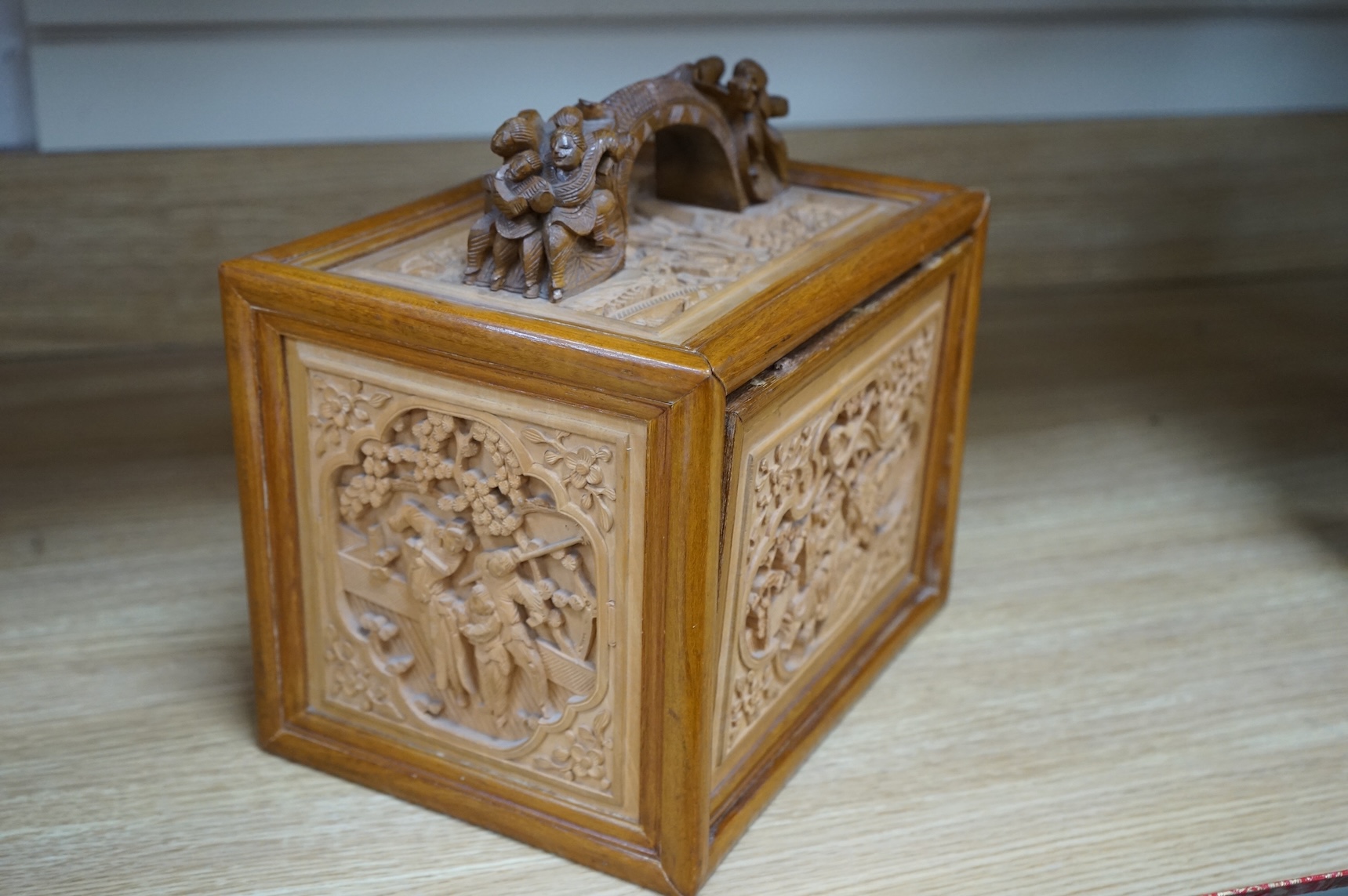 A Chinese carved boxed mahjong set and stands, box 24 cm high including handle